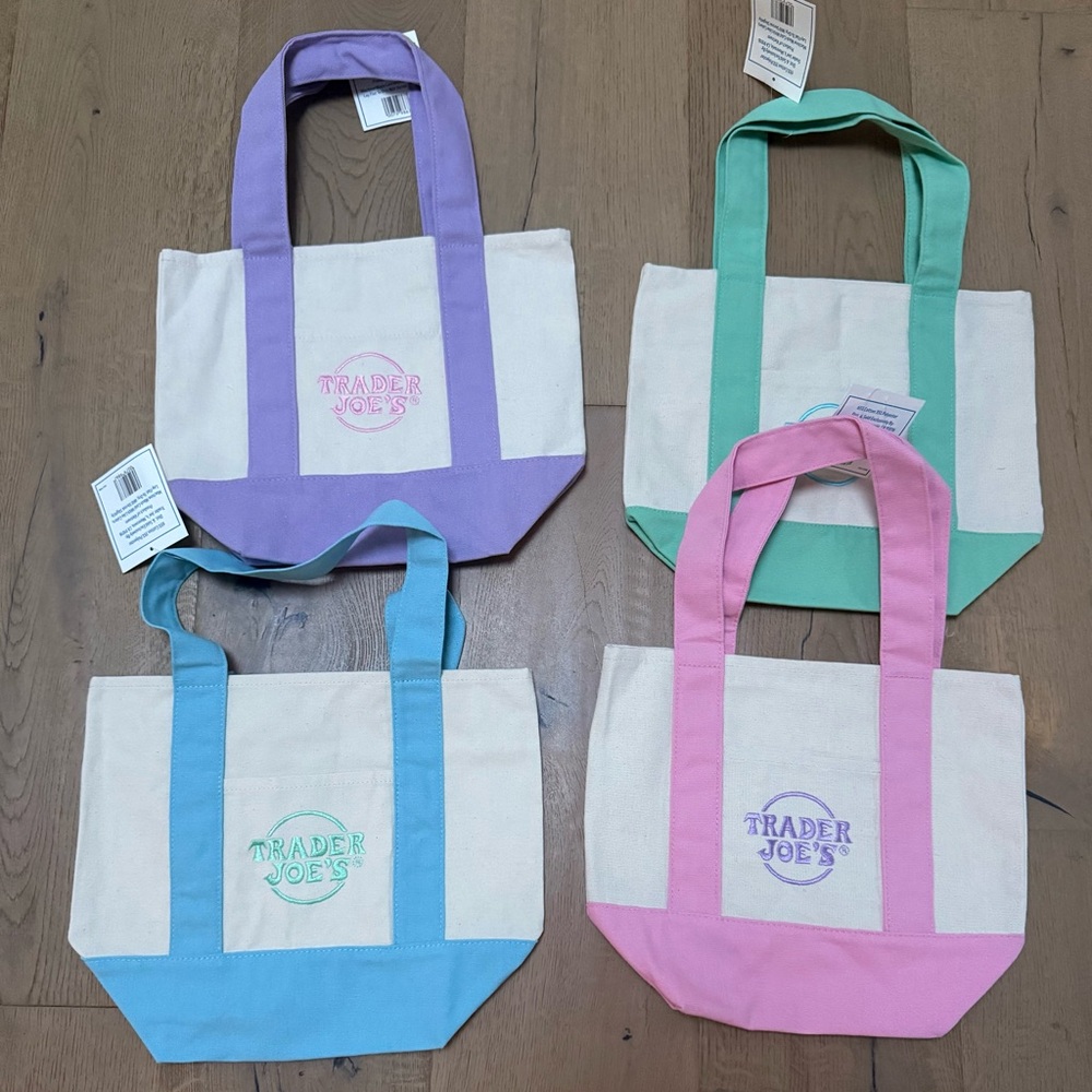 NWT Trader Joe’s Mini Pastel Canvas Tote Bags Set of 4: Blue, Pink, Purple, Mint